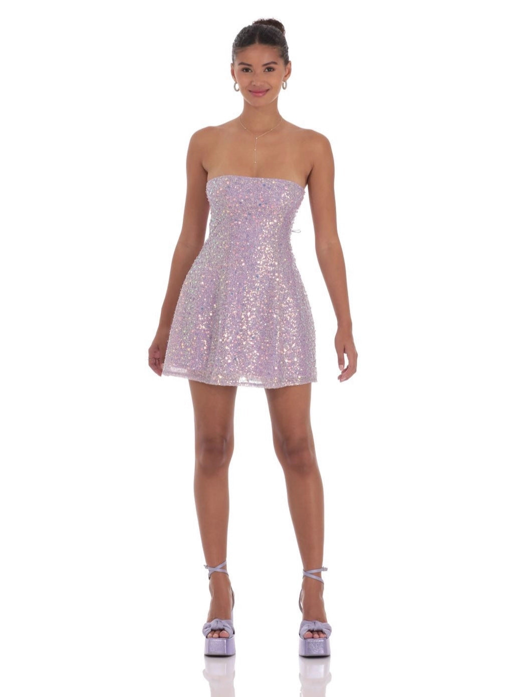 Sequin Glitter Strapless Fit and Flare Dress in Lilac